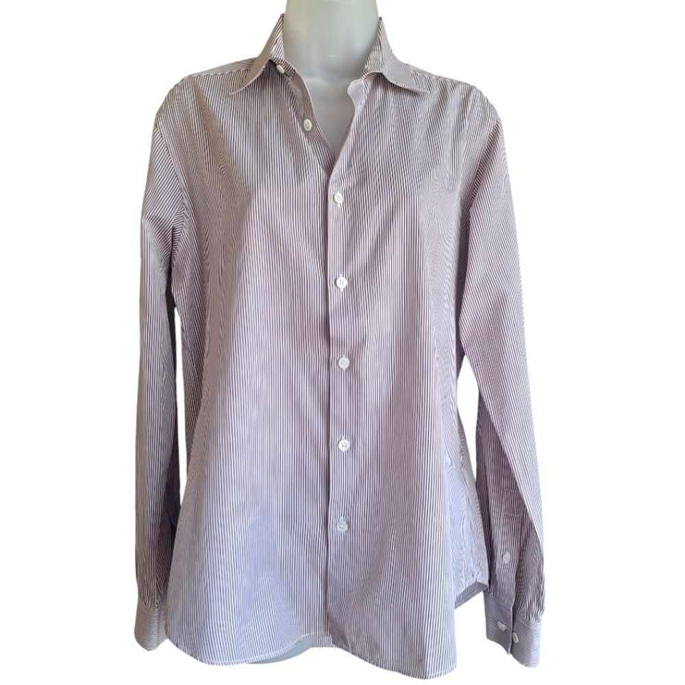 Theory Button Up Shirt Pin Stripe Long Sleeve Collared Burgundy White Small Mens